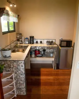 a kitchen with a sink and a stove and a refrigerator at Cabaña tranquila con vistas a la montaña y naturaleza en Monterrey in Monterrey