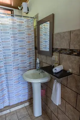 a bathroom with a sink and a shower with a mirror at Hostel Cocos B&B in Alajuela City