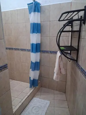 a shower with a blue and white shower curtain at The cheap bed, by Natural Pacific Suites in Tapantí