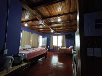 a bedroom with two beds and a blue wall at Cabaña vista al miravalles in Bijagua