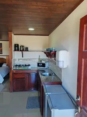 a small kitchen with a sink and a stove at Apartamentos Casa Don Luis in Monteverde Costa Rica