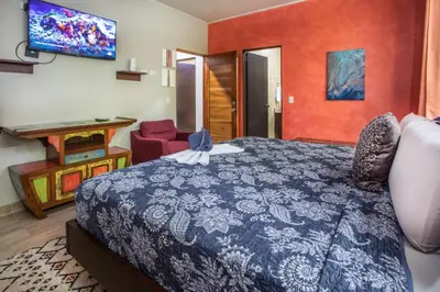 a hotel room with a bed and a tv at Hotel Casa del Arbol Manuel Antonio in Quepos