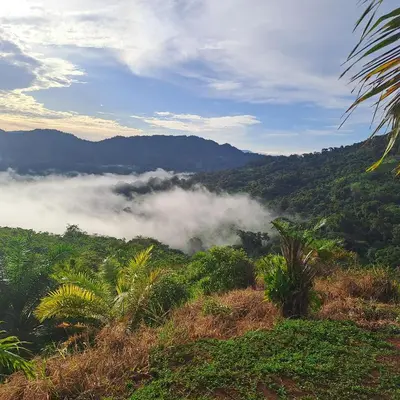 a view of a mountain with clouds in the valley at Casa de montaña in Quepos
