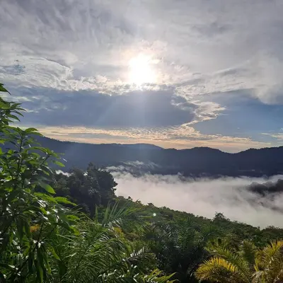 a view of a misty valley with the sun in the sky at Casa de montaña in Quepos