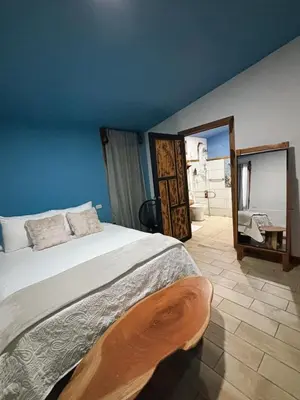 a bedroom with a bed and a view of a bathroom at Four Elements House Peace & Nature in Monteverde in Monteverde Costa Rica
