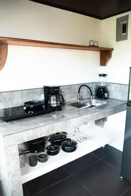 a kitchen counter with a stove and a sink at Mini House 2 in Uvita