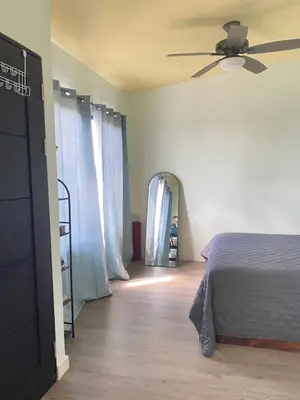 a bedroom with a bed and a ceiling fan at Hawk Hope Tiny House with Sunset Views in Bagaces