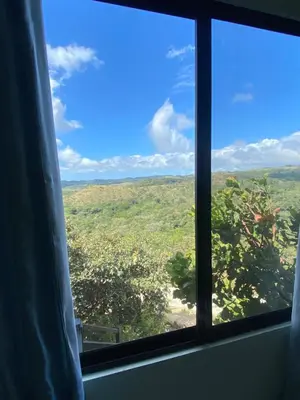 a window with a view of a field at Hawk Hope Tiny House with Sunset Views in Bagaces