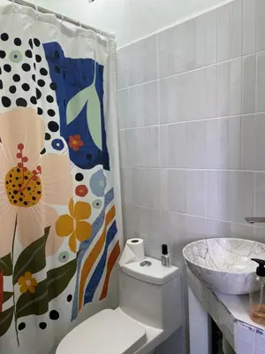 a bathroom with a toilet and a shower curtain at Hawk Hope Tiny House with Sunset Views in Bagaces