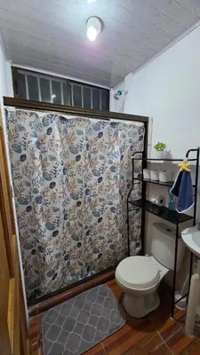 a bathroom with a toilet and a shower curtain at Casa Brisa Azul 5 minutes from the beach in La Cruz
