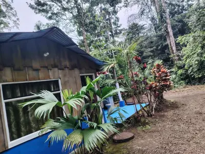 a house with a blue exterior and some trees at Vértice Blue Mountain Lodge in San Lorenzo
