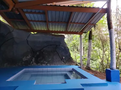a swimming pool in a house with a rock at Vértice Blue Mountain Lodge in San Lorenzo