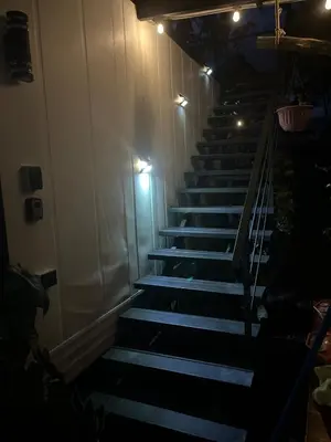 a stairway with blue steps in a room with lights at Casa el Manú Finca Agroecologíca in Marsella