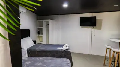a hotel room with a bed and a tv at Palma Roots in Jacó