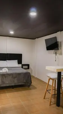a bedroom with a bed and a flat screen tv at Palma Roots in Jacó