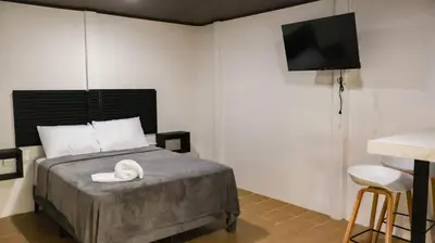 a bedroom with a bed and a flat screen tv at Palma Roots in Jacó