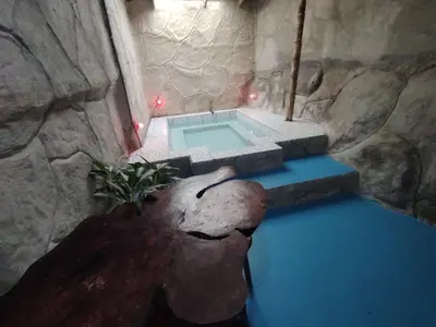 a swimming pool in a cave with a large rock at Vértice Blue Mountain Lodge la cueva de la montaña in San Lorenzo