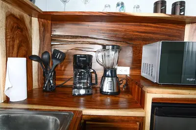 a kitchen counter with a blender and a microwave at Cabaña Los Lirios 2 in Monteverde Costa Rica