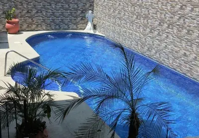 a blue swimming pool with two palm trees in it at Apartamentos Santa Teresita in Santa Teresa Beach