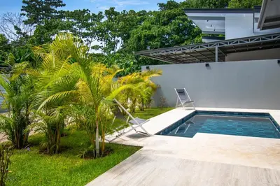 a backyard with a swimming pool and palm trees at 5 min walk to Uvita beach, pool, 3 bdr, AC! in Uvita