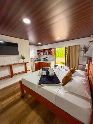 a bedroom with a large bed and a kitchen at Refugio Las Cortezas in Fortuna