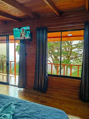 a bedroom with a bed and a tv and windows at Cerro Lodge & Gardens in Cartago