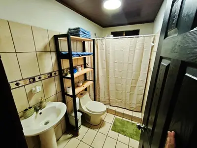 a bathroom with a toilet and a sink and a shower at Apartment JESALU, just 3 minutes from the Airport in San Antonio