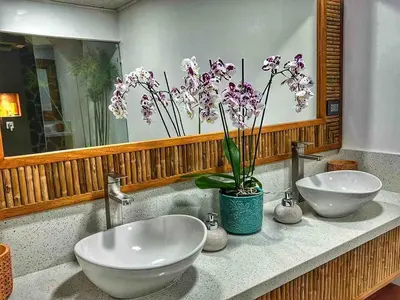 a bathroom with two sinks and flowers on a counter at Sassy Sloth Villa in Fortuna