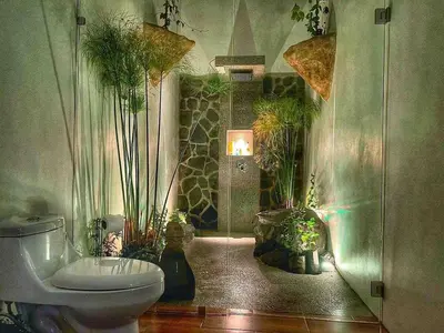 a bathroom with a toilet and plants on the wall at Sassy Sloth Villa in Fortuna