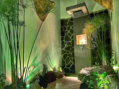a room with plants and a green wall at Sassy Sloth Villa in Fortuna