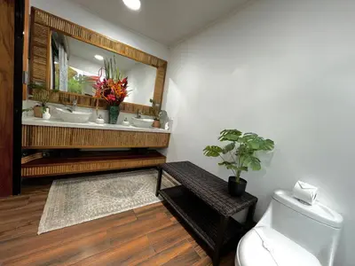 a bathroom with a sink and a mirror and a toilet at Sassy Sloth Villa in Fortuna