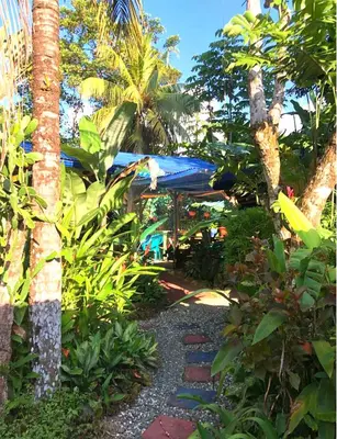 a garden with a blue umbrella and some trees at Ojochal, Costa Rica artist owned property in Ciudad Cortés
