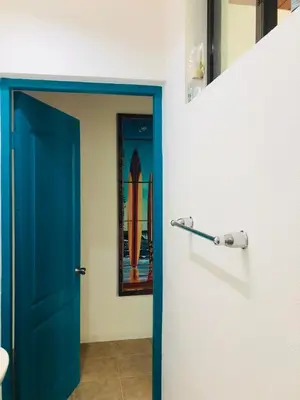 a blue door in a room with a mirror at Tama Magico in Tamarindo