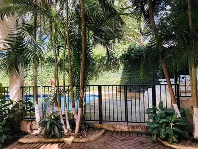 a fence with palm trees in front of a pool at Tama Magico in Tamarindo
