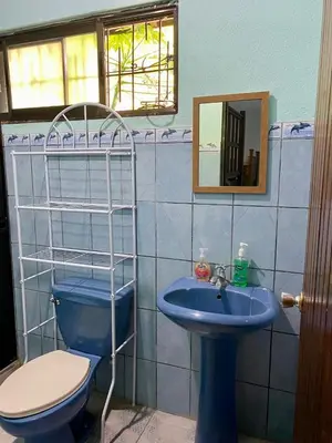 a bathroom with a blue toilet and a sink at Casa Marisol in Quepos