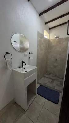 a bathroom with a sink and a shower at Green Lodge 2 in Toro Amarillo
