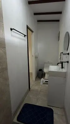 a bathroom with a toilet and a sink and a door at Green Lodge 2 in Toro Amarillo
