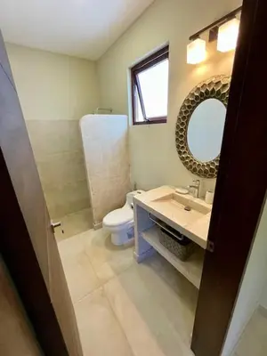 a bathroom with a sink and a toilet and a mirror at Langosta apartment in Tamarindo