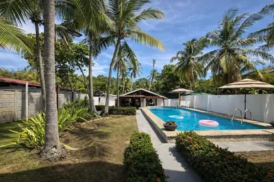 a swimming pool in a yard with palm trees at Paradise in Tivives