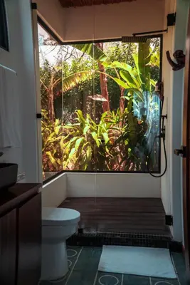 a bathroom with a toilet and a large window at Hotel Bohemian Lagarto in Santa Cruz