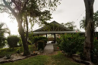 a bridge in the middle of a park with trees at Hotel Bohemian Lagarto in Santa Cruz