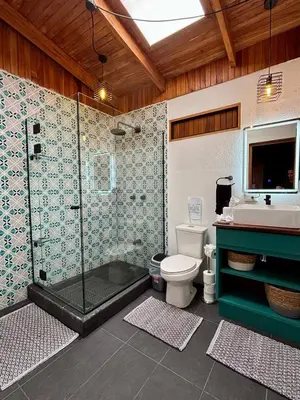 a bathroom with a shower and a toilet and a sink at Casa 1440 in Monteverde Costa Rica
