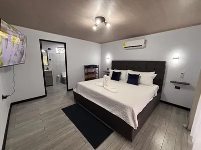 a bedroom with a large bed with white sheets and blue pillows at Harmony Home La Fortuna in Fortuna