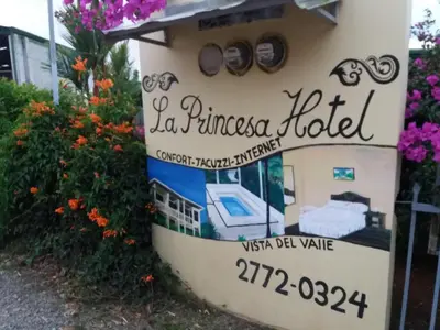 a sign for a hotel with flowers in front of it at La Princesa Hotel in San Isidro