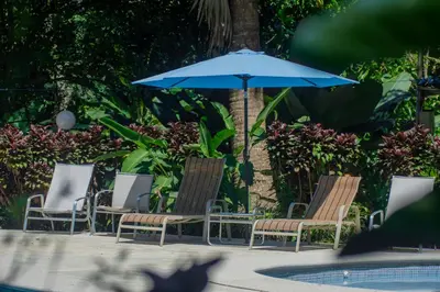 a group of chairs and an umbrella next to a pool at Selva Color - Forest & Beach EcoLodge in Quebrada Ganado
