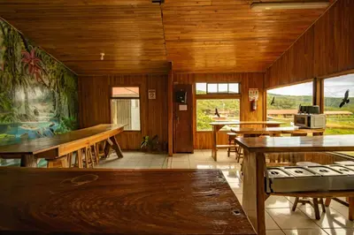 a room with wooden walls and tables and windows at Hostel La Suerte in Monteverde Costa Rica