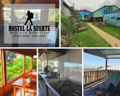a collage of photos showing a house and a kitchen at Hostel La Suerte in Monteverde Costa Rica