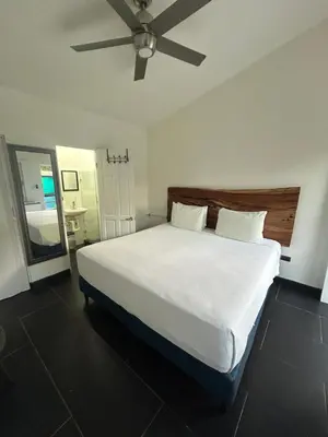 a bedroom with a large bed with a ceiling fan at In the Shade Hotel - Coworking - 300Mbit - Adults Only in Tamarindo