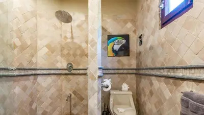 a bathroom with a toilet and a painting on the wall at Stunning Luxury Mansion in Playa Flamingo with Six Bedrooms and Beachfront Access in Playa Flamingo