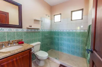 a bathroom with a toilet and a sink and a shower at Big Hillside Villa in Potrero with Pool and Panoramic Ocean Views in Potrero